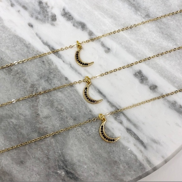 Gold/Black Pave Crystal Moon Necklace - Picture 3 of 4